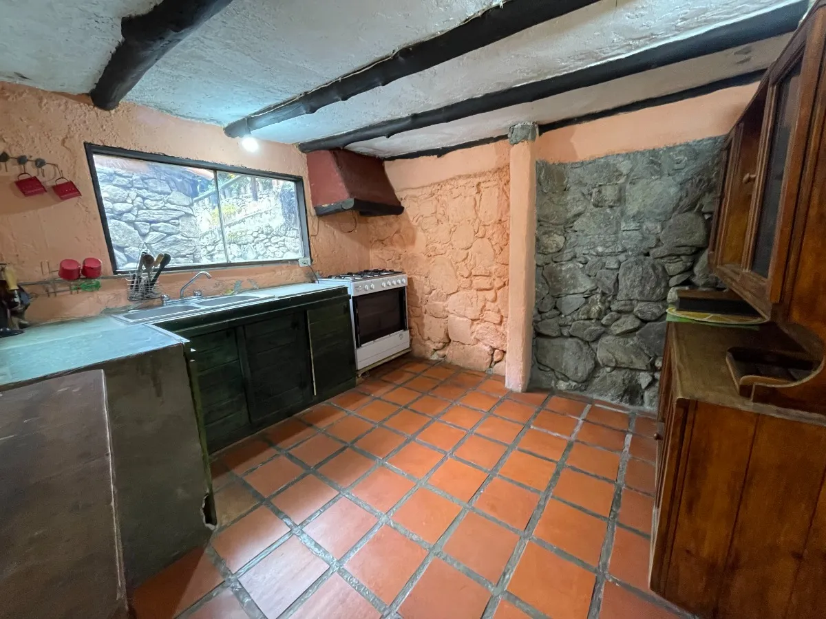 The guest house's rustic kitchen